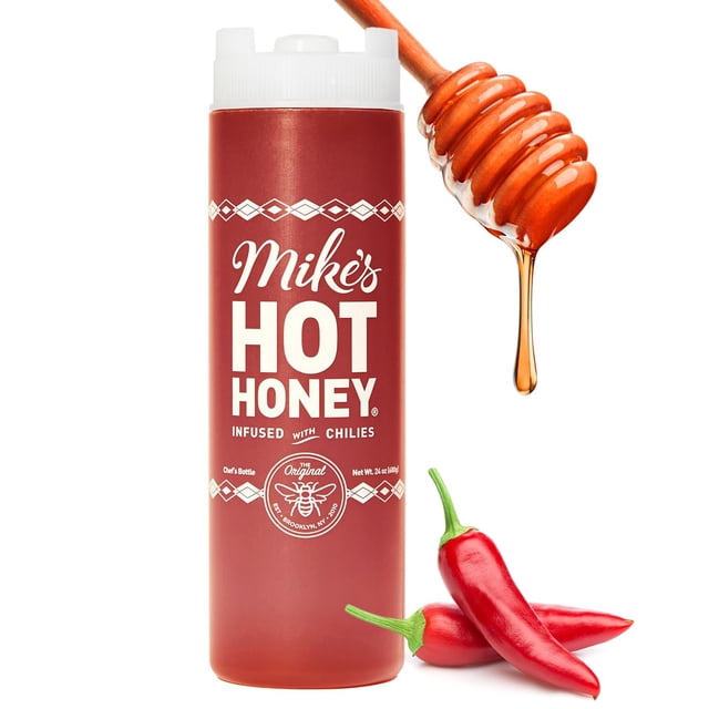 america's #1 brand of hot honey, spicy honey infused with chili peppers, certified kosher, gluten-free, paleo-friendly, sweet heat, perfect for hot sauce lovers (10oz bottle, 1 pack) front-facing 10 oz squeeze bottle with red label “Mike’s HOT HONEY” and white flip-top cap; honey dipper with amber honey drip above and two red chilies at base on white background; ideal para añadir dulce picante a pizzas, tacos o quesos.