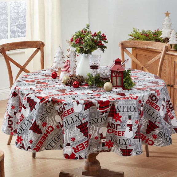 Christmas Country Plaid Santa and Snowman 70 inch Round Vinyl Flannel Backed Tablecloth