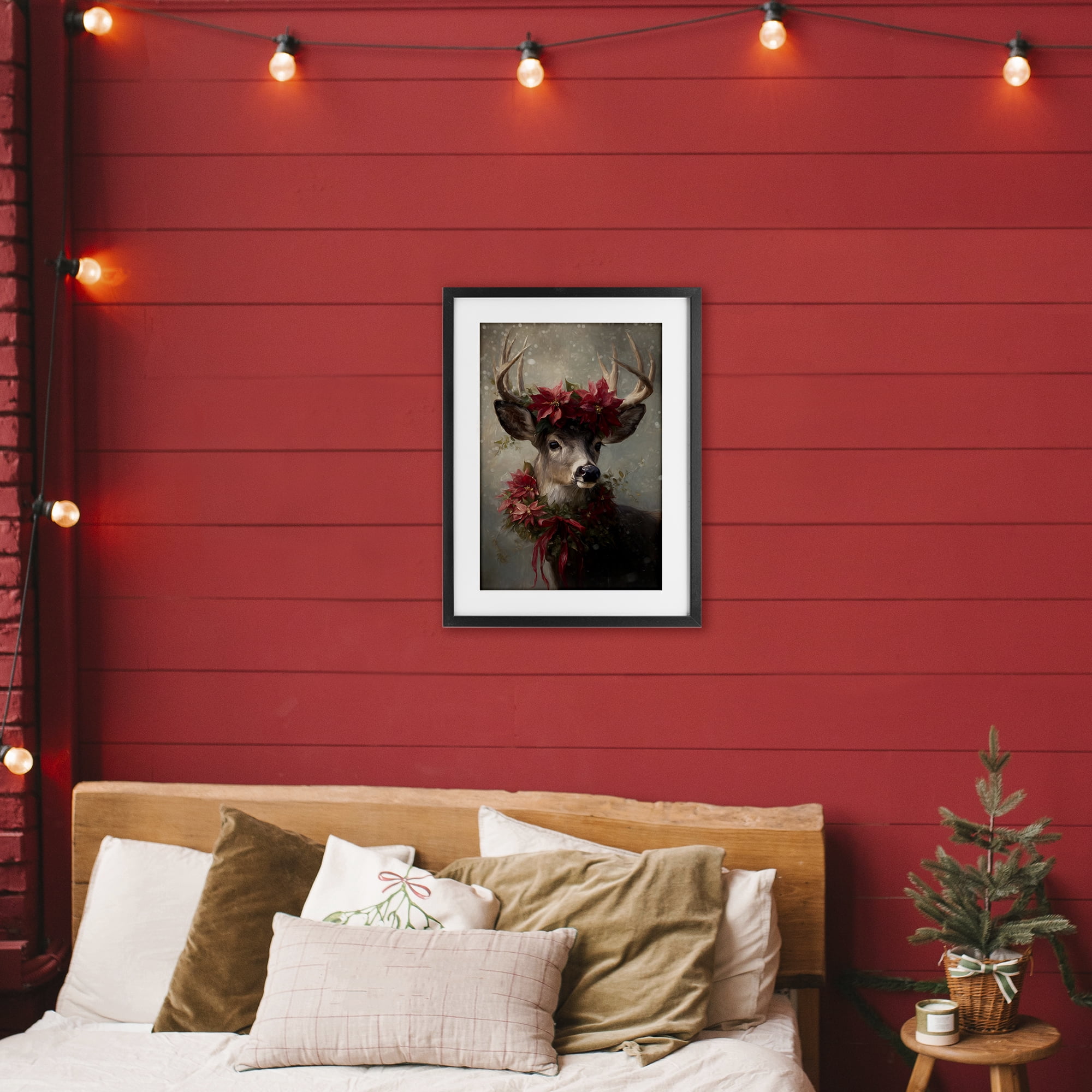 Stupell Industries Poinsettia Christmas Deer Black Framed Print Under Glass, design by Tina LeCour