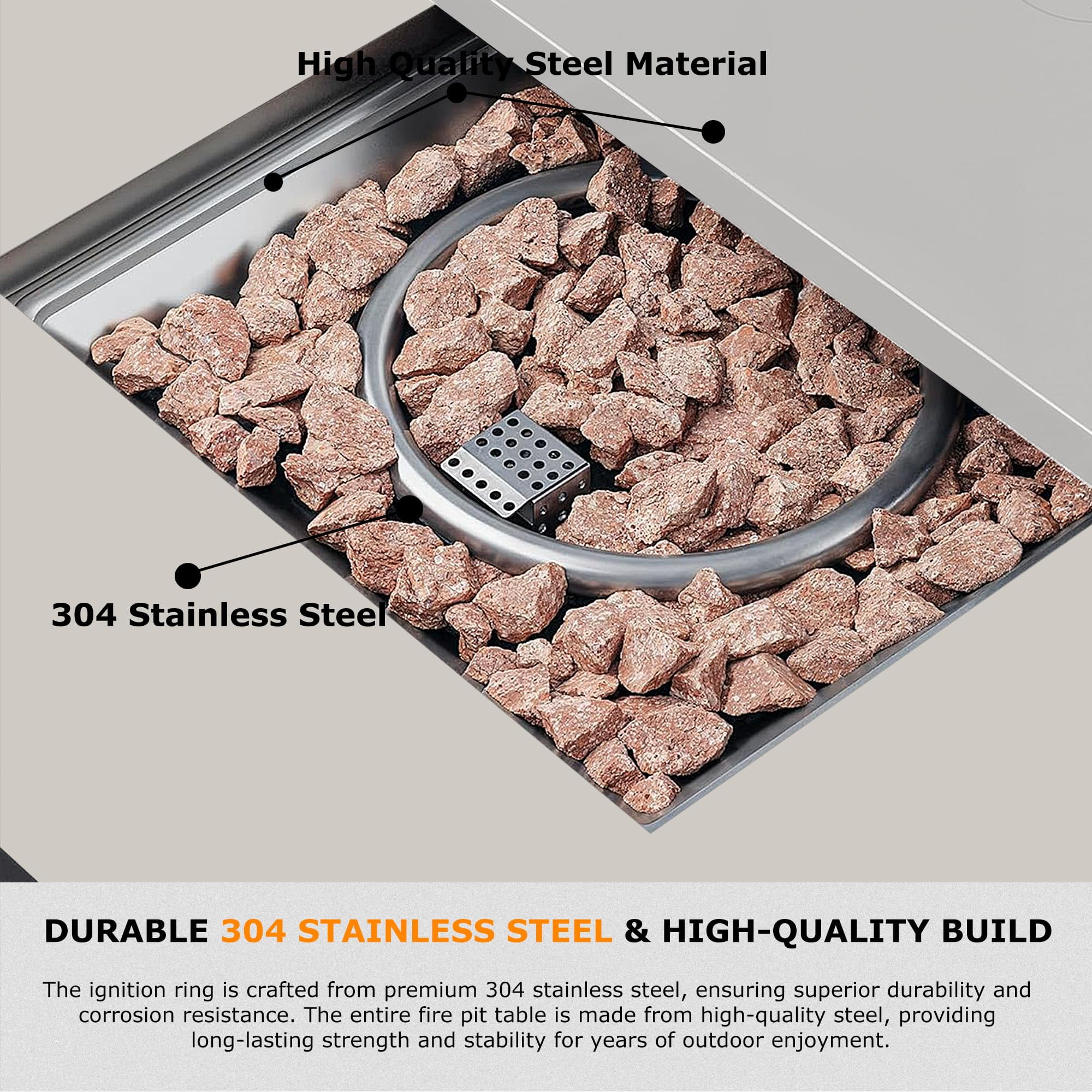 JXXM 28" Fire Pit Table, 50,000 BTU Steel Gas Firepit with Lid and Glass Wind Guard, Beige