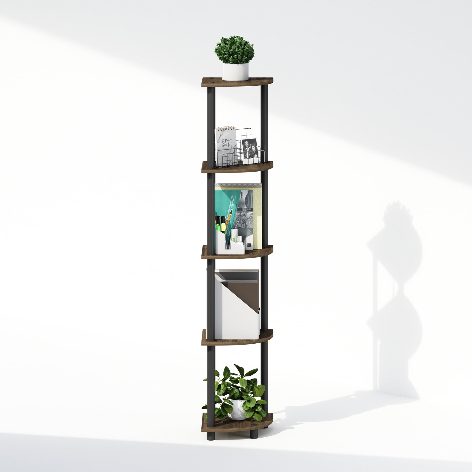 Furinno Turn-N-Tube 5 Tier Corner Bookcase, Particle Board Columbia Walnut/Black, 9 lb