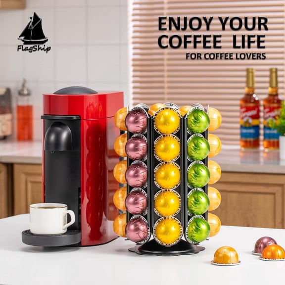 FlagShip Vertuo Pod Holder for Nespresso Vertuoline Pods Organizer,360 Degrees Revolving Pod Carousel Extra Storage Space,Coffee Pod Stand Black Metal 60 Pods Capacity