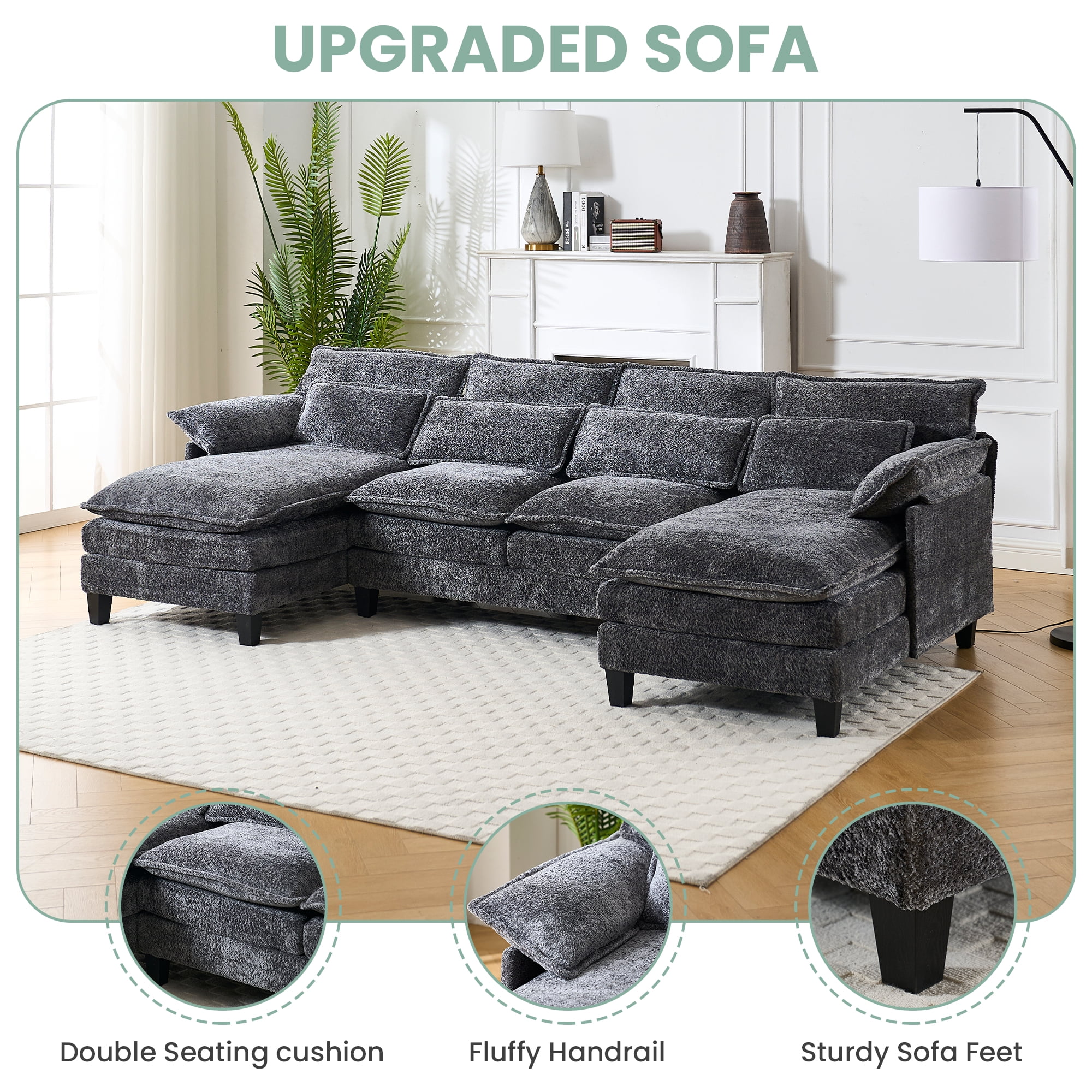JONPONY 109.45" Modular Sectional Sofa with Double Cushion Sleeper Chaise,Modern Oversized Comfy Bouble Couch with Waist Pillows for Living Room,Grey