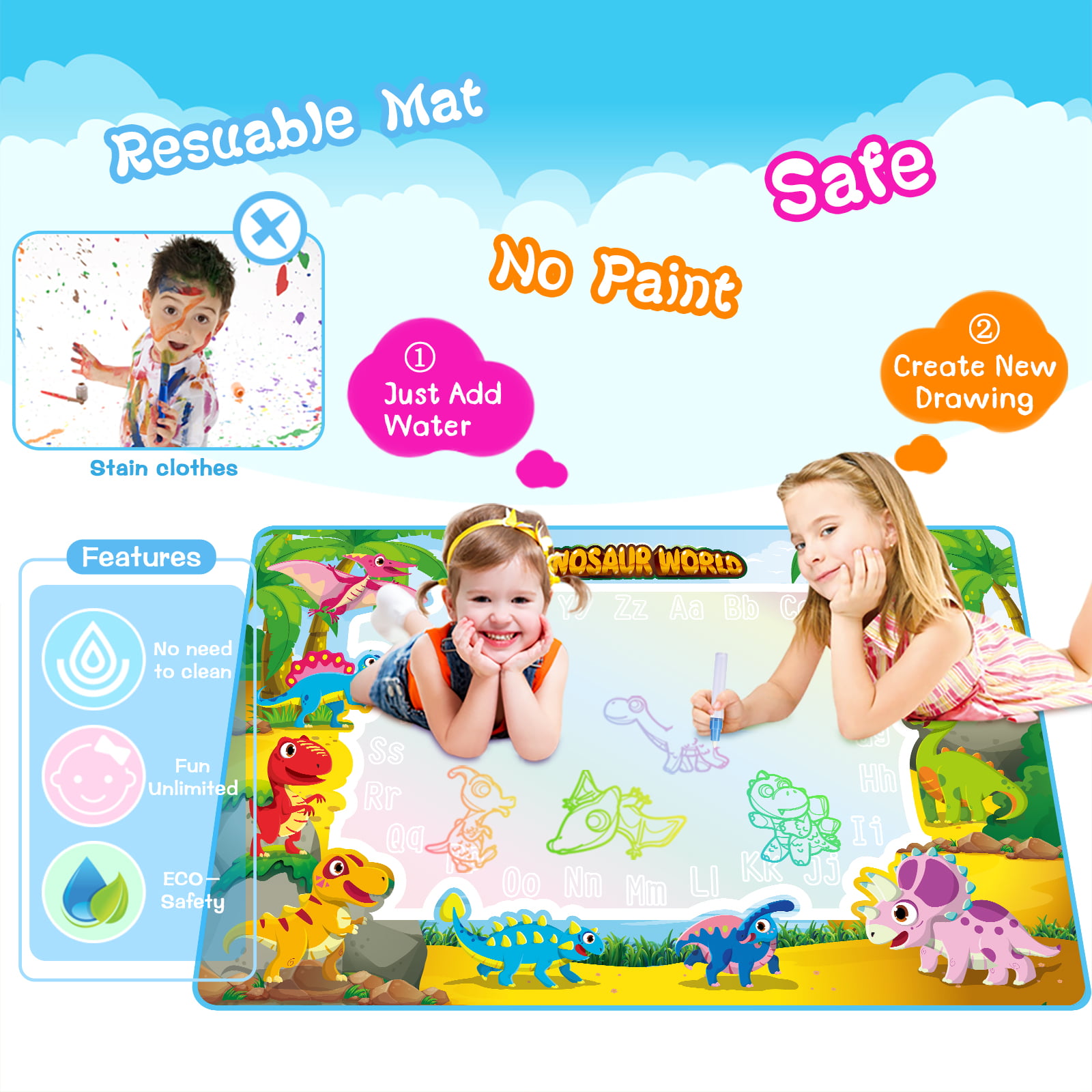 Fansteck Water Drawing Mat for Kids, 60x40 inch Large Doodle Mat with  Storage Ba