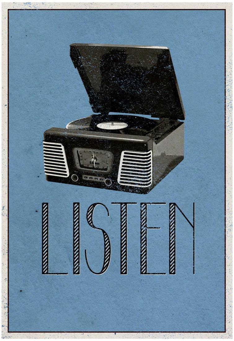 Listen Retro Record Player Art Poster Print Motivational Hipster Print