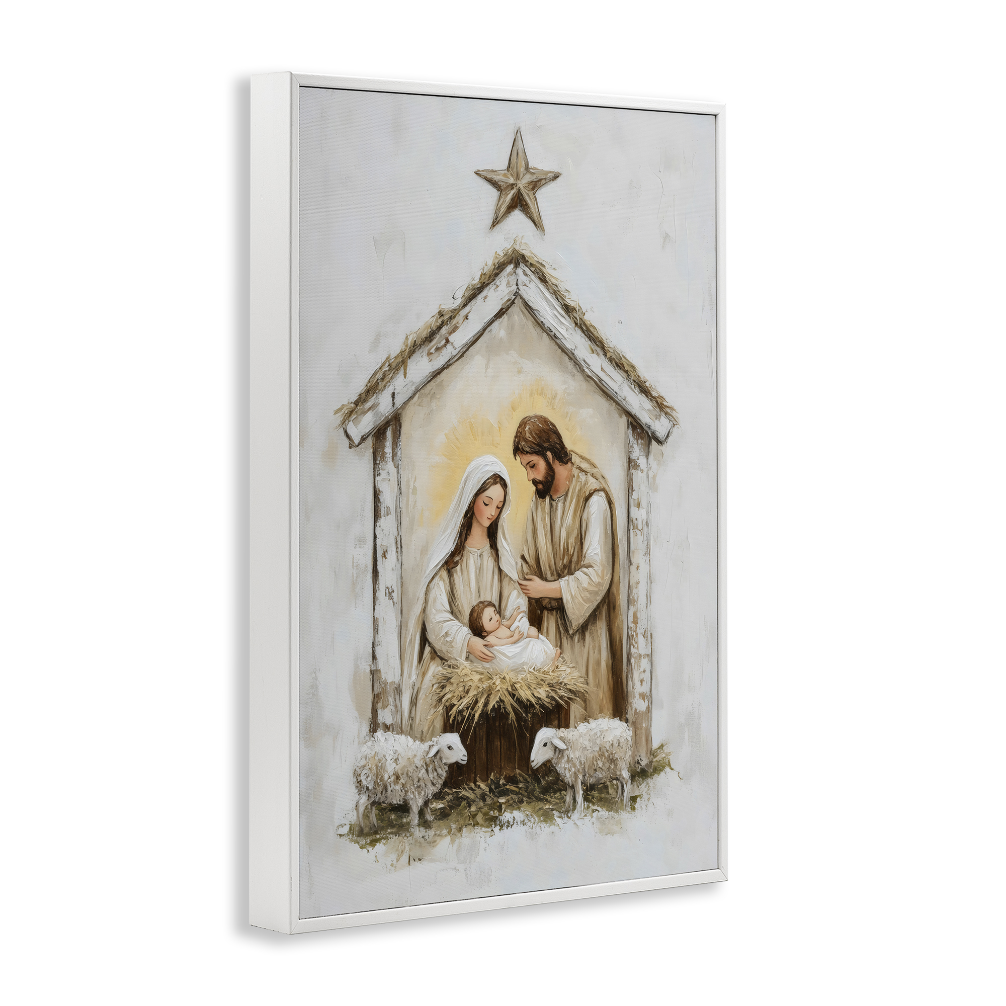 Little Lambs & Nativity White Framed Giclee Art, design by Petal Prints Design