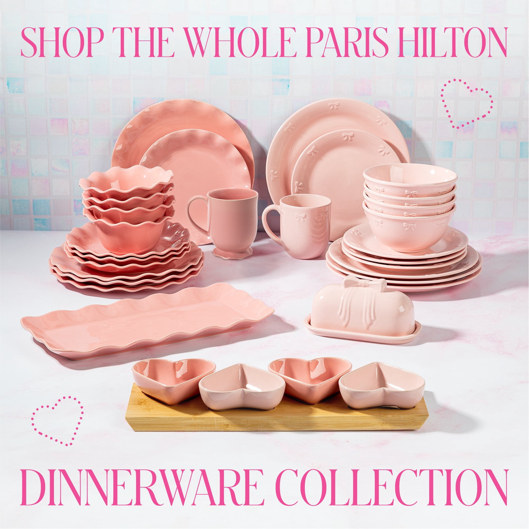 Paris Hilton Heiress Collection 12-Piece Stoneware Dinnerware Set, Plates & Bowls Dish Set, Service for 4, Microwave & Dishwasher Safe, Rose Pink with Scalloped Ruffle Rim