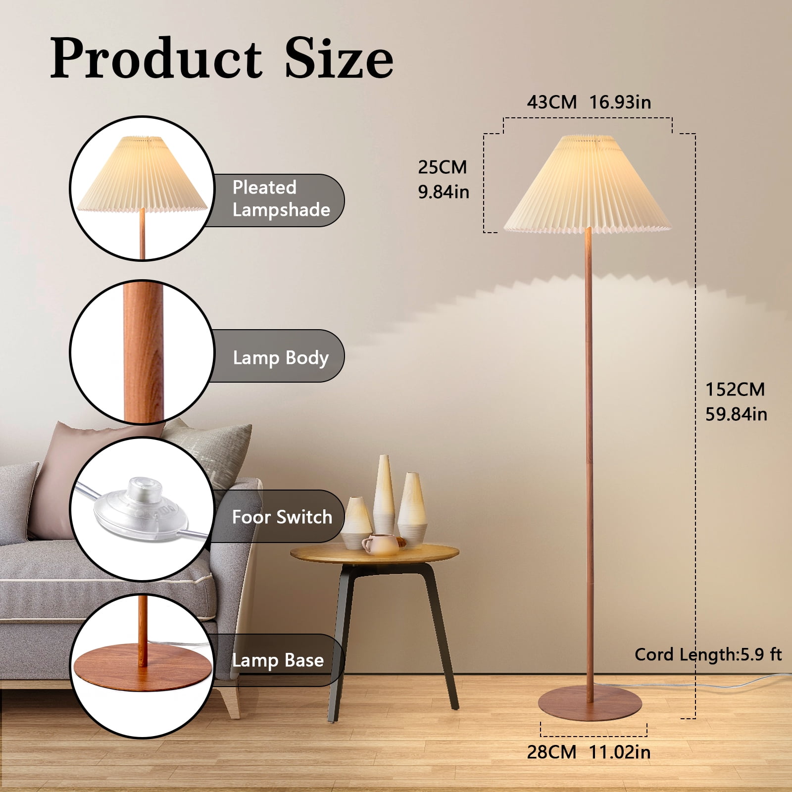 Wood Grain Vintage Pleated Floor Lamp, Farmhouse MCM Floor Lamp Standing Lamp Tall Lamp for Living Room, Office, Bedroom, Reading
