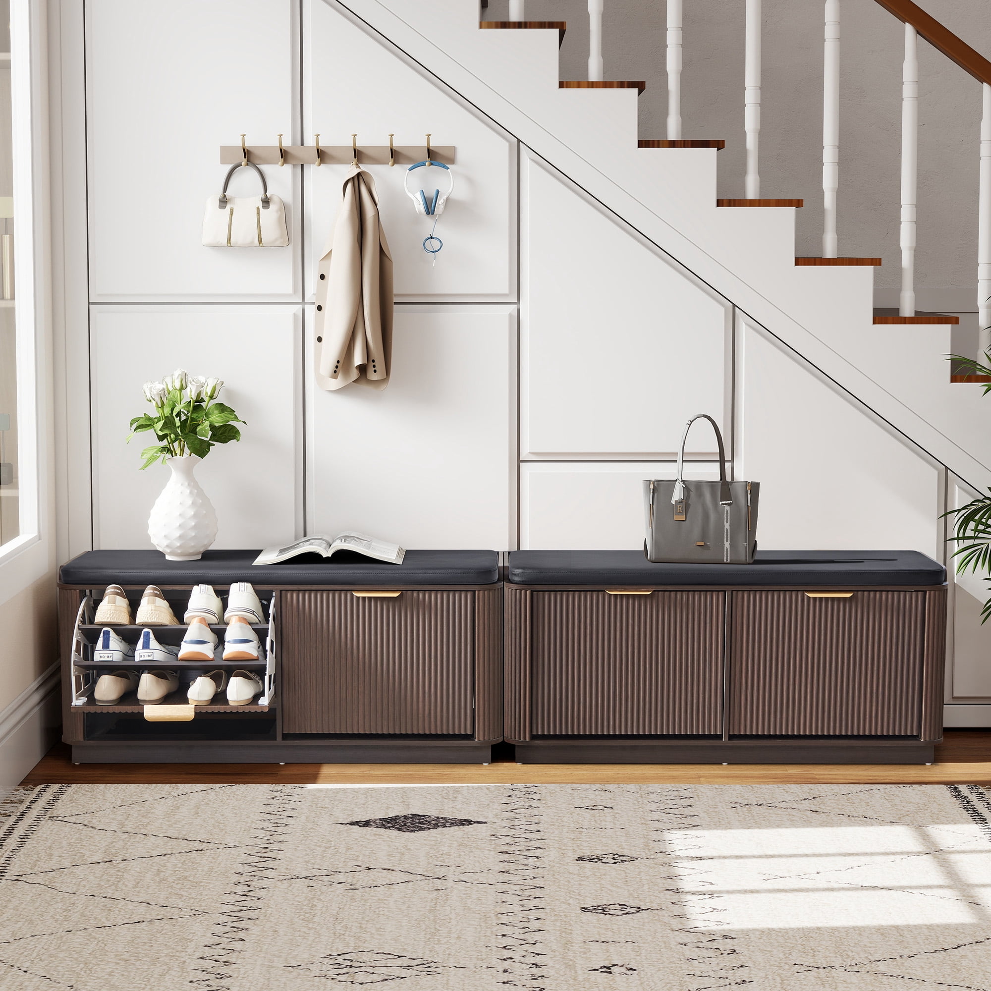 Wirrytor Fluted Shoe Storage Bench with Cushion and 2 Flip Drawers, 3-Tier Wooden Entryway Bench Shoe Organizer for Hallway Bedroom, Black