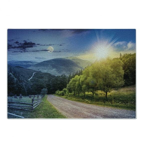 Farmland Cutting Board, Contrasting Day and Night Collage View with Moon Sun Horizon Countryside Hillside, Decorative Tempered Glass Cutting and Serving Board, Small Size, Green Blue, by Ambesonne