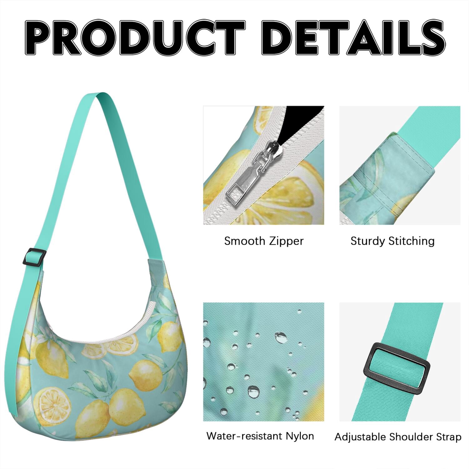 Lemon Lover Shoulder Bag for Women, Yellow Fruit Print Lightweight Crossbody Purse, Modern Summer Hobo Tote, Water-Resistant Nylon Handbag with Spacious Interior