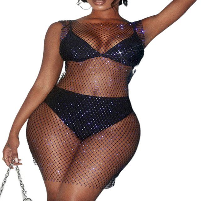 Robe en Maille Transparente Aguichant pour Femmes, Résille à Strass, Paréo de Bikini, Sortie de Plage, Robe Midi de Festival Rave/Boîte de Nuit