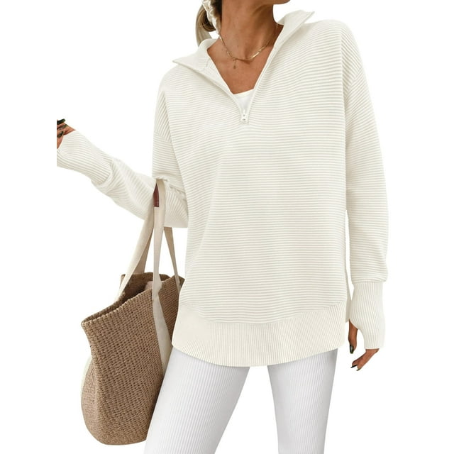 Women'S Long Sleeve Quarter Zip Pullover Sweater Casual Loose V Neck Collared Ribbed Knit Tops Apricot Color M
