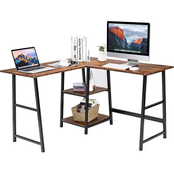WoofPaw L Shaped Desk, Space Saving Corner Desk w/ 2 Tier Storage Shelves, Study Writing Desk Workstation with Reinforced Metal Frame, Home Office Desk (Rustic Brown)