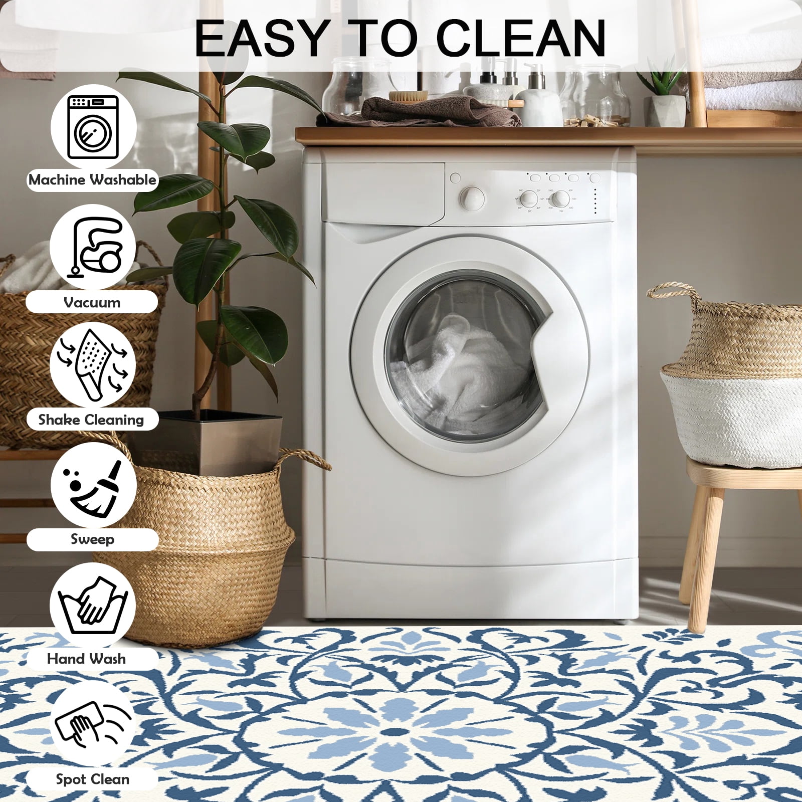 Artnice Blue Area Rugs for Living Room 5x7, Machine Washable Rugs Non Slip, Boho Vintage Indoor Carpet Mats for Home Decor
