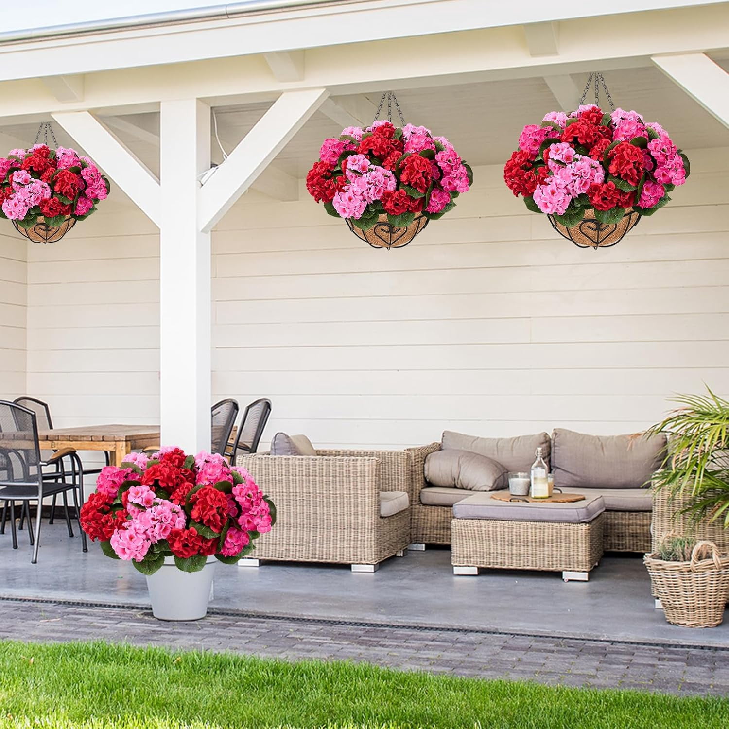 Waipfaru 2 Pack Artificial Geraniums Hanging Basket,UV Resistant Faux Silk Flowers for Outdoors,Realistic Fake Hanging Plants for Home Garden Decor