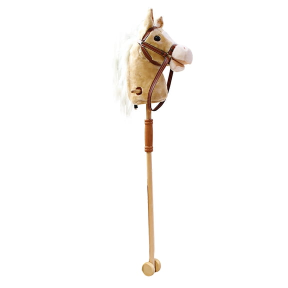 Primegos Kids Plush Stick Horse Toy Handcrafted Hobby Horse on A Stick Pretend Play Simulated Pony Head Riding Stick Toy with Wooden Wheels