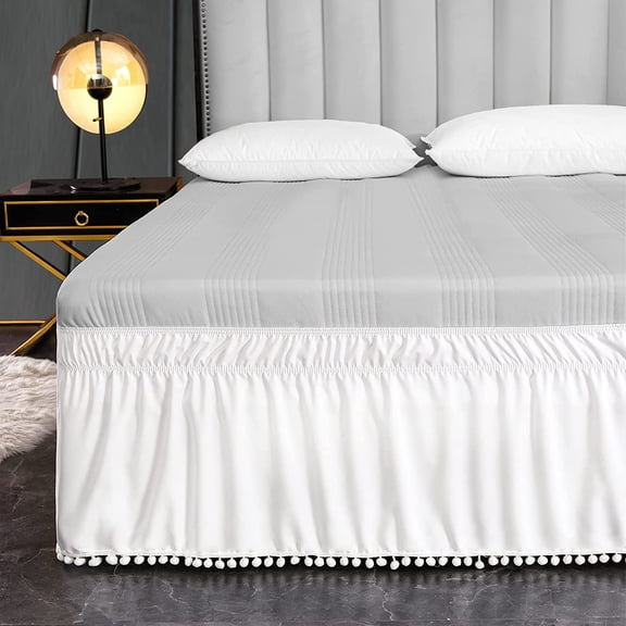 Exclusivo Mezcla White Polyester Gathered Pom Pom Bed Skirt, Twin