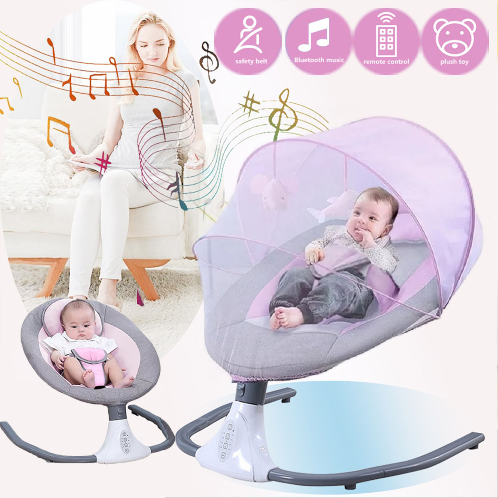 Yabanana Electric Baby Swing for Infant Portable Musical Swing with Remote Control, Bluetooth,Unisex, Pink