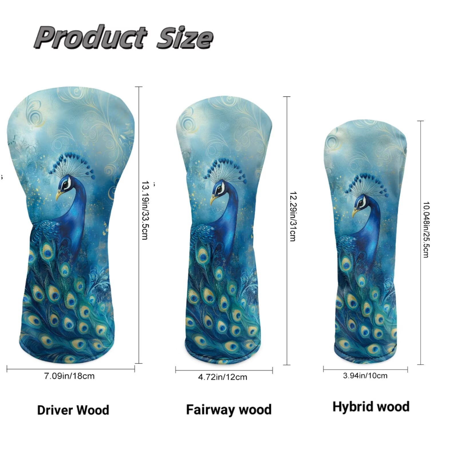Uorisanigo Golf Club Covers Set of 3 Driver Headcover and Fairway Wood Head Covers Hybrid Headcovers, Blue Paisley Peacock Accessories Premium PU Leather Golf Head Cover