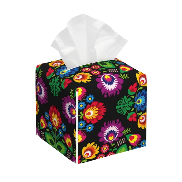 Fotbe Traditional Floral Polish Porta Pañuelos Decorativo de Cuero, Caja Cuadrada Moderna para Pañuelos Faciales, Organizador y Dispensador 5x5x5''