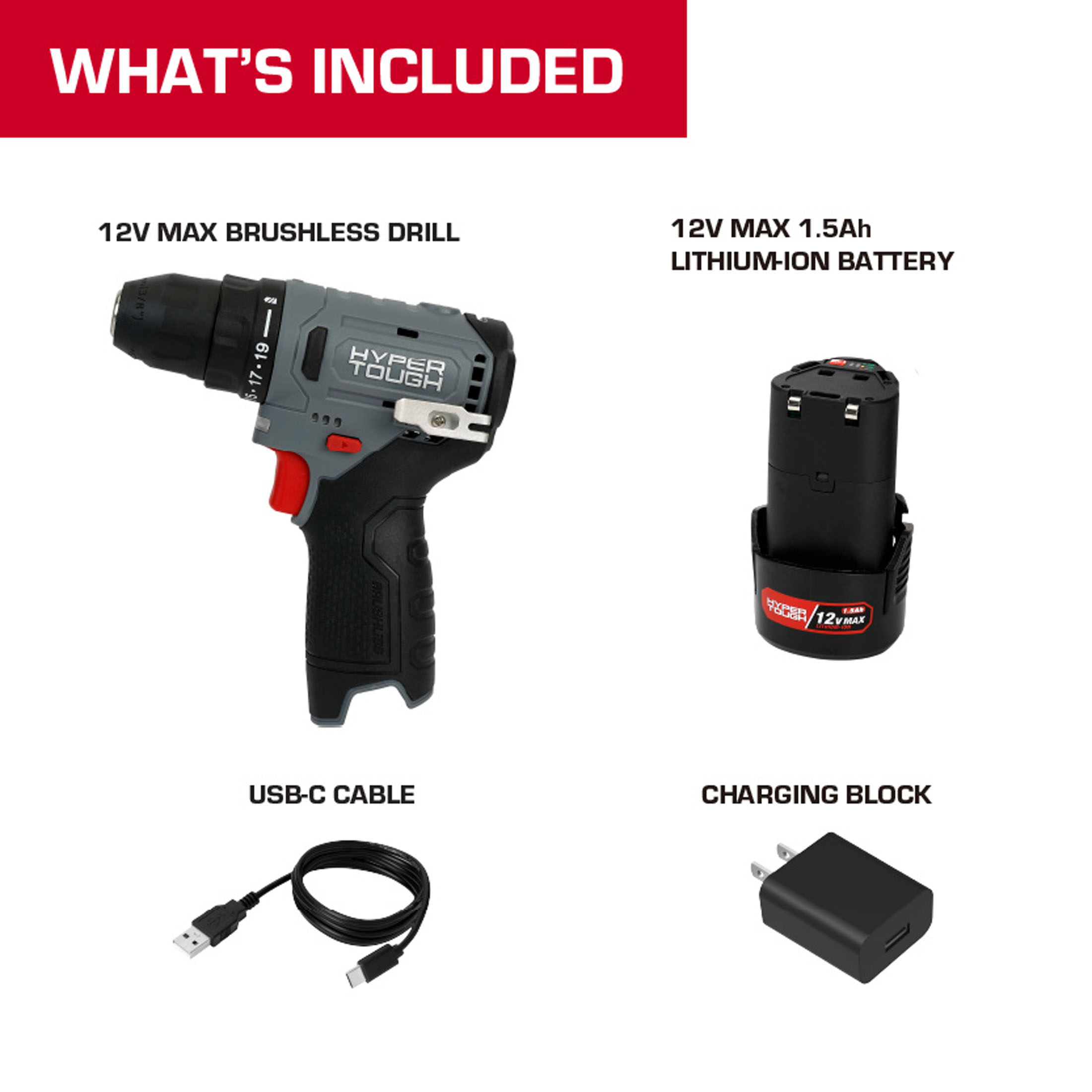 Kit de proyecto Hyper Tough de 50 piezas inalámbrico sin escobillas de 12V con batería de 1.5Ah y cargador 2