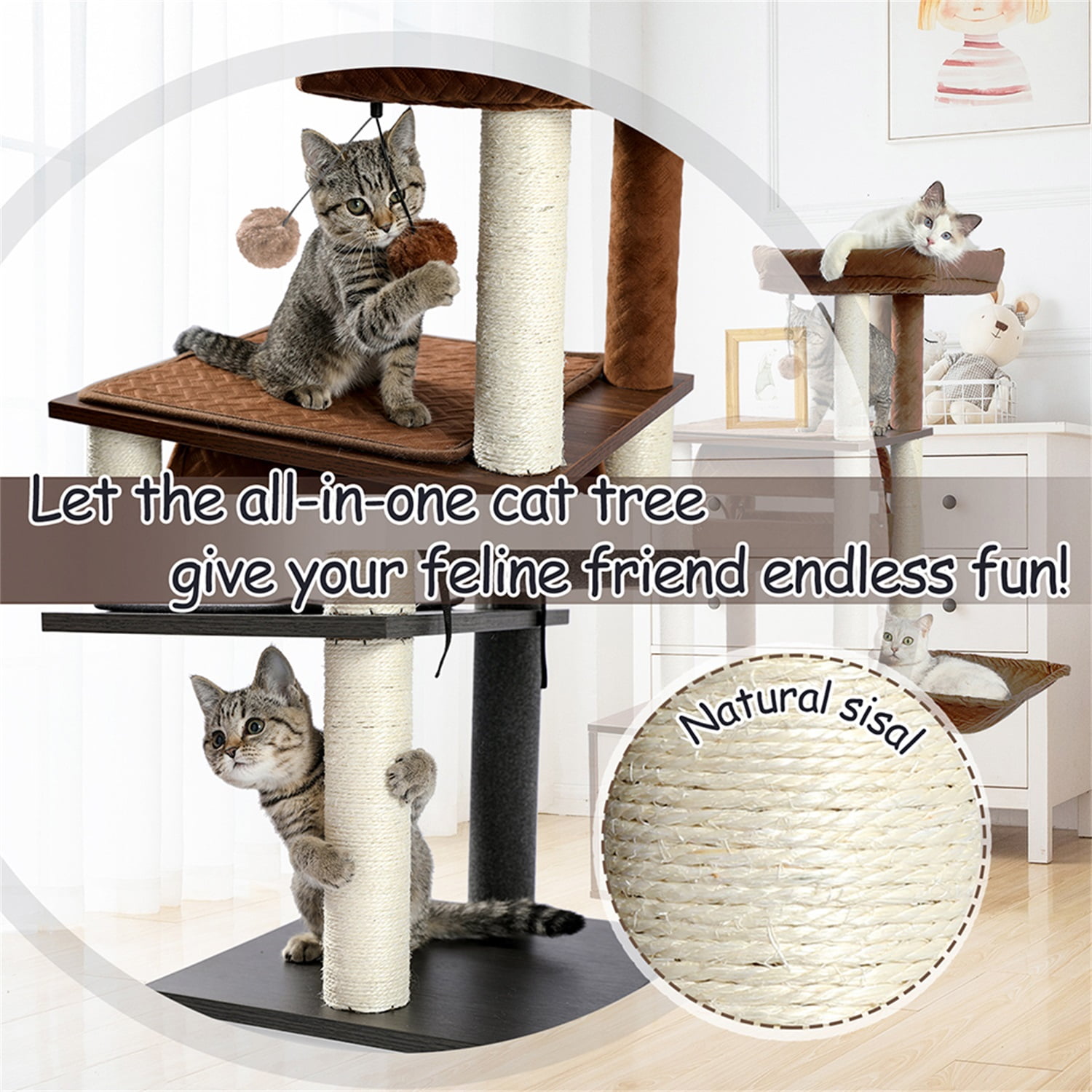 Pefilos 51.4 Inches Modern Cat Tree 6 Levels Wooden Cat Tower with Sisal Covered Scratching Posts, Cozy Condo, Spacious Perch, Hammock and Swing Tunnel for Indoor Cats, Brown Pefilos 51.4 Inches Modern Cat Tree 6 Levels Wooden Cat Tower with Sisal Covered Scratching Posts, Cozy Condo, Spacious Perch, Hammock and Swing Tunnel for Indoor Cats, Brown
