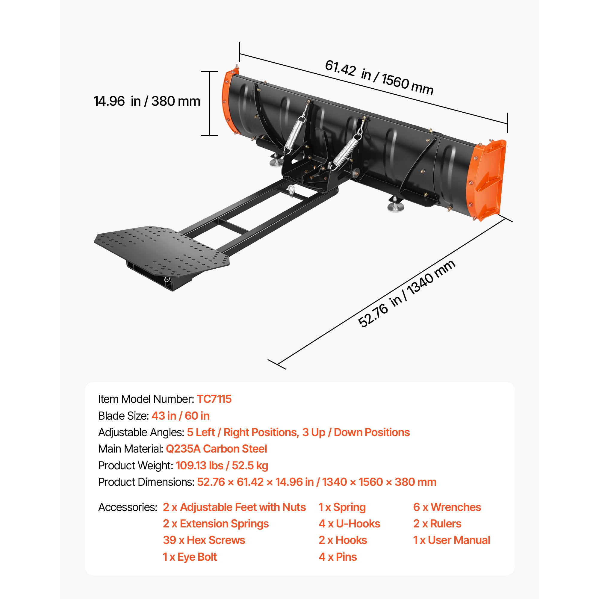 KFFKFF Adjustable Snow Plow Kit with 43-60 Inch Width, Compatible with Most ATVs and UTVs, Features Side Wings, Height and Angle Adjustability, Three Mounting Options, Durable Steel Blade