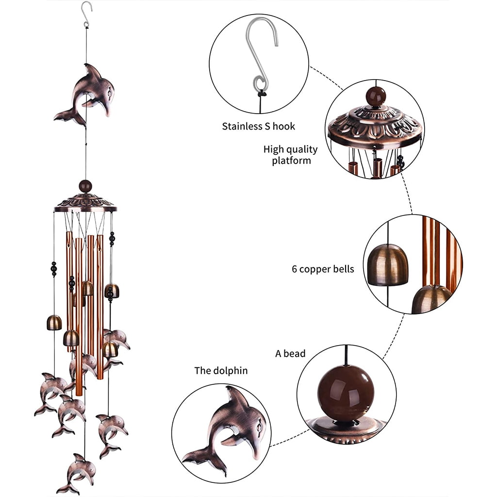 35 Inch Wind Chimes Retro Dolphin Bells Soothing Melodic Tones Indoor Outdoor Decoration for Patio Porch Garden Yard
