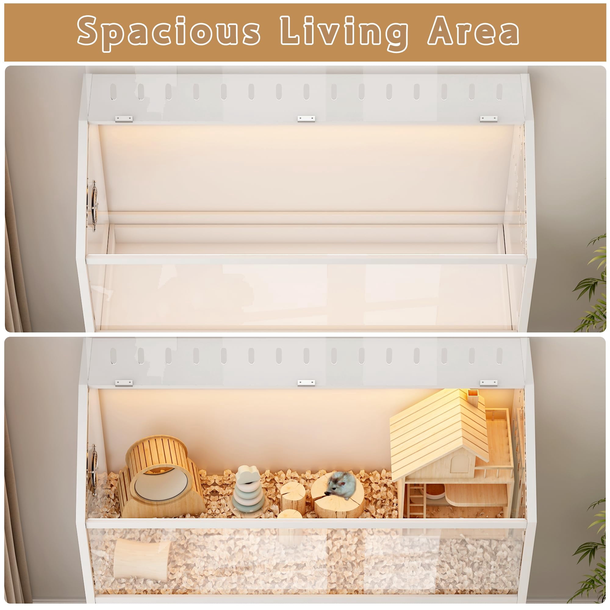 Akaber 43.3" Small Animal Cage with Storage Cabinet, Large Habitat with LED Light and Fan, Acrylic Panels
