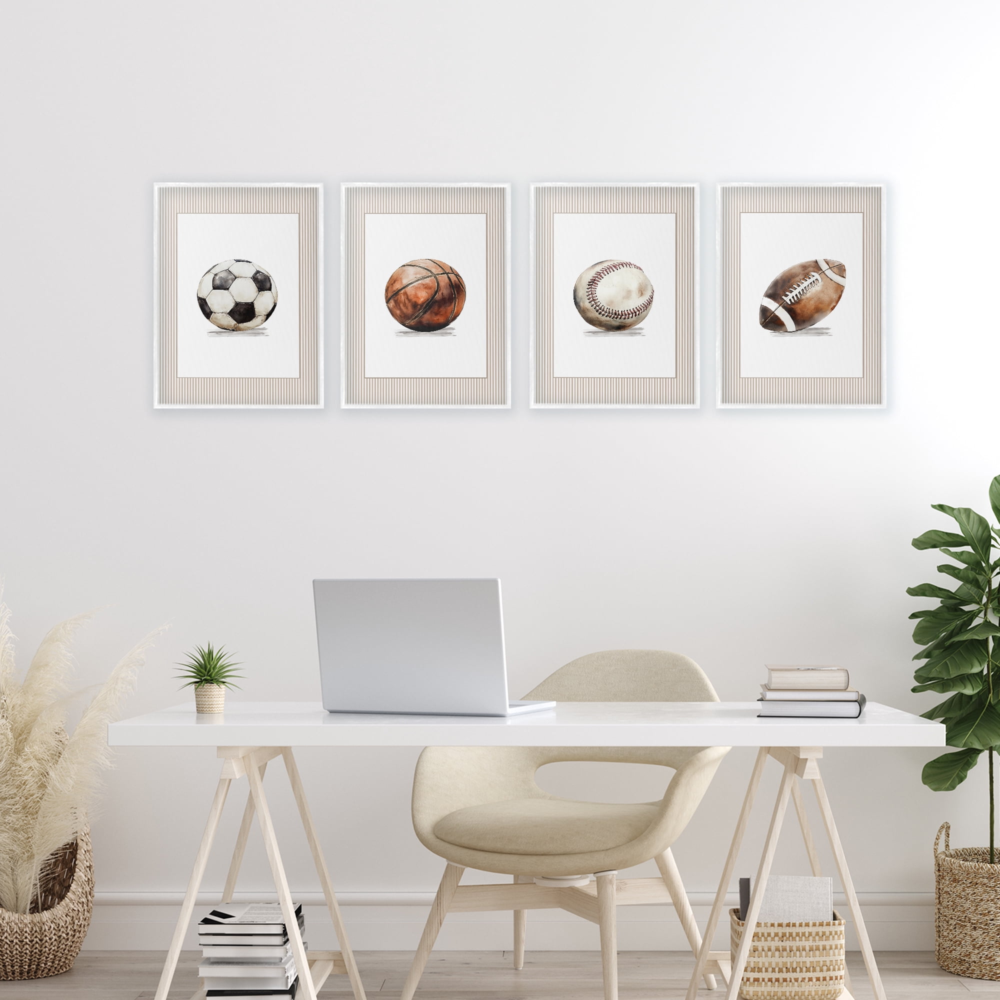 Stupell Industries Vintage Sports Beige Stripes 4 Piece White Framed Giclee Art Set, design by Christine Simpson Art