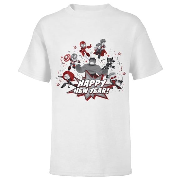 Marvel Avengers Red and Gray Stylized Cute Happy New Year - Short Sleeve T-Shirt for Kids - Customized-White