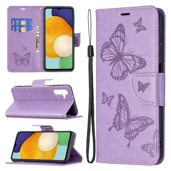 Wallet Case for Samsung Galaxy A13 5G, Butterflies Pattern Luxury PU Leather Card Slots Holder Magnetic Flip Folio Cover with Kickstand Soft Silicone Shockproof Protective Case,Violet