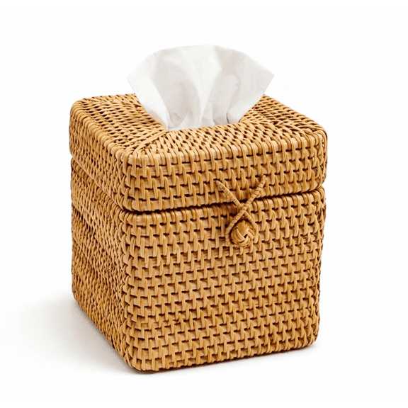 Rattan Tissue Box Cover 5.9" x 5.9" x 5.9" Square Woven Tissue Holder with Hinged Top Lid for Home, Office, Bathrooms Decoration