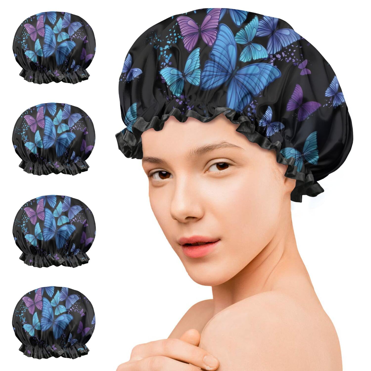 Shower Caps,Black Blue Purple Butterfly Pattern Waterproof Shower Cap for Women 4 Pieces,Double Reusable Hair Cover for Shower PEVA Elastic Stretch Hem