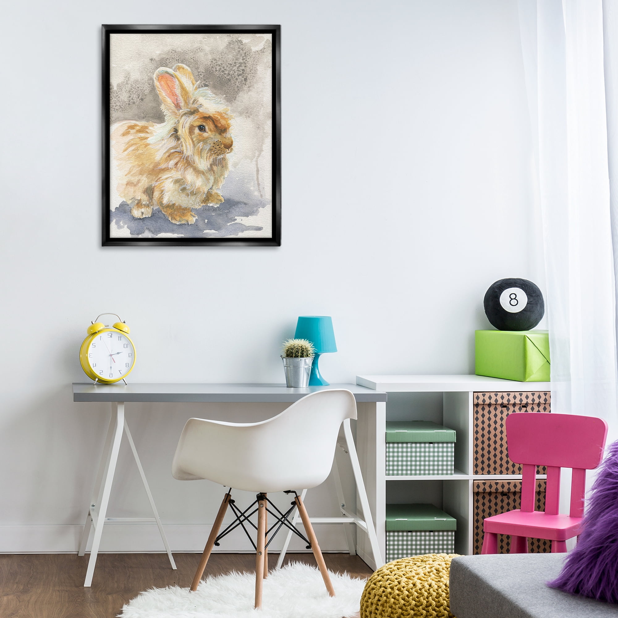 Stupell Industries Angora Bunny Watercolor Animals Painting Black Floater Framed Canvas Art Print Wall Art, 25 x 31