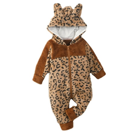 

Grianlook Newborn Cute Thicken Fleece Romper Full Zip Long Sleeve Hooded Jumpsuit Home One Piece Winter Outwear Outfits Brown 3-6M