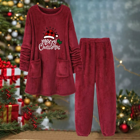 ZhiZhuang Women's Fuzzy Pajama Sets,Long Sleeve Fleece Lined Tops with Fuzzy Jogger Pants PJs 2 Piece Outfits