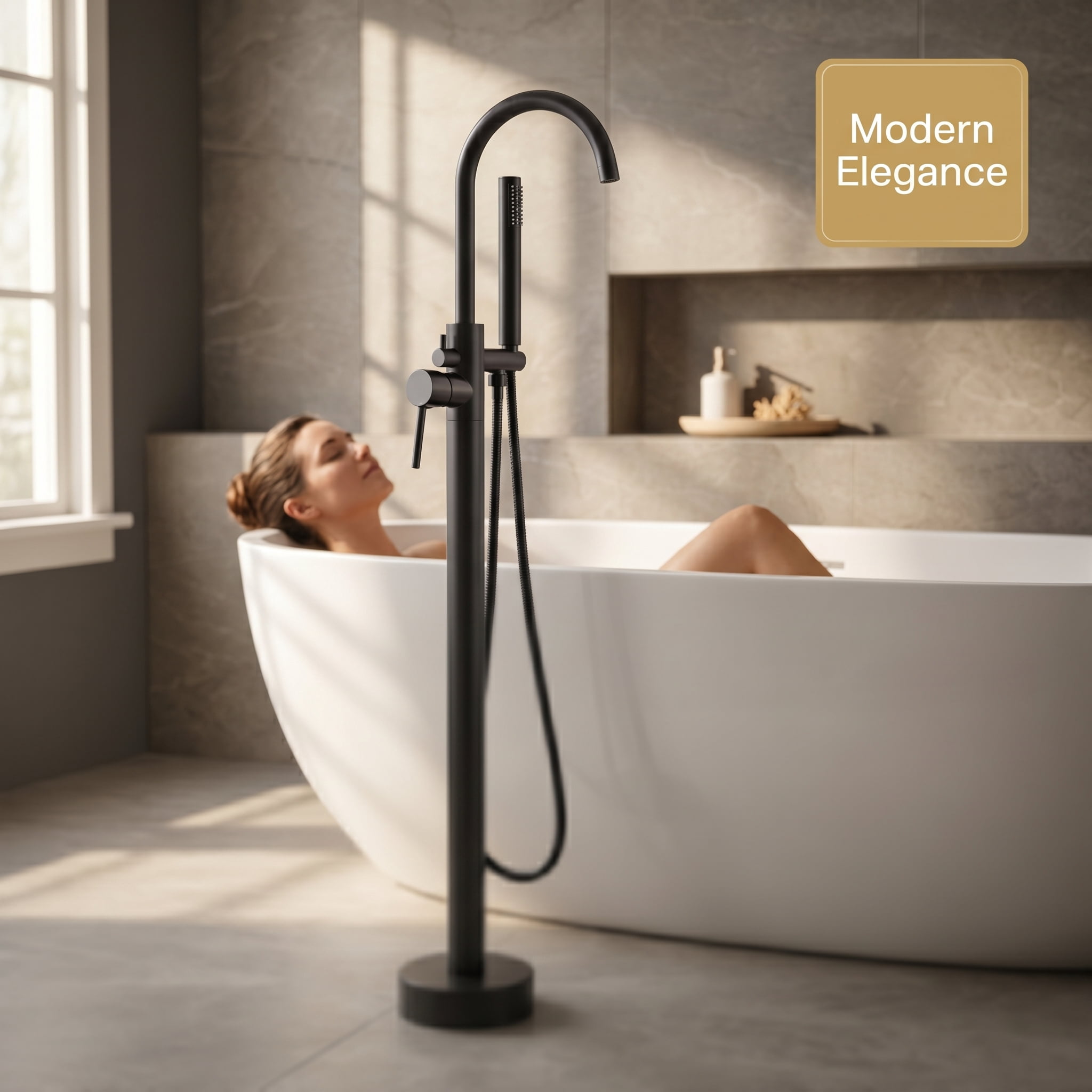 ROOMISLAND Floor Mount Bathtub Faucet Freestanding Tub Filler Standing High Flow Shower Faucets Shower Mixer Taps, with Handheld Shower, Matte Black