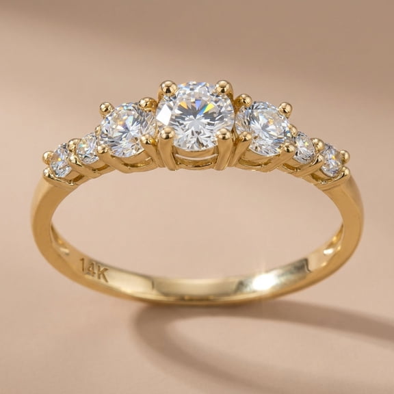 Vinali Solid 14K Yellow Gold Round CZ Three Stone Engagement Ring for Women Size 5