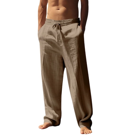 LWavelet Mens Relaxed Fit Linen Pants Elastic Waist Drawstring Summer Lounge Pants Coffee L