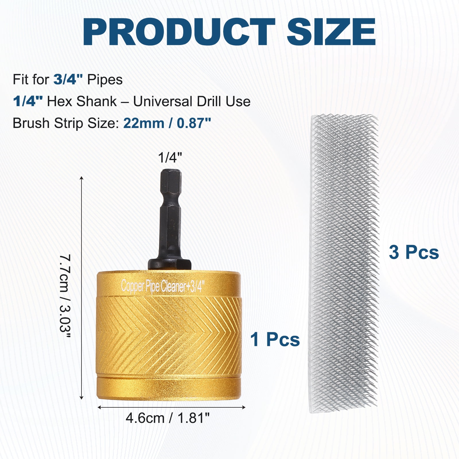Uxcell 3/4" 1/4" Metal Copper Pipe Cleaner Set, Hex Shank Drill Powered Pipe Brush Replacement Plumbing Tools with 3 Brushes for Removing Dust Rust Copper Various Metal Pipes, Gold
