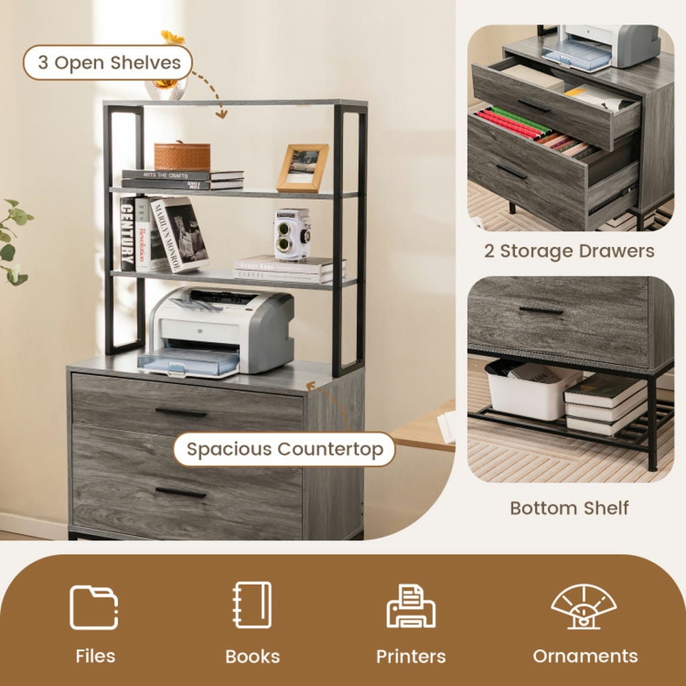 Demi Bonn 2 Drawer Freestanding File Cabinet with Charging Station and 3-Tier Open Shelves, Gray