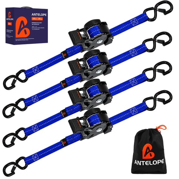 Retractable Ratchet Straps ANTELOPE, 1500lb Break Strength, 1" x 12' Auto Retractable Heavy Duty Ratchet, Safety Lock S Hooks (Blue 4 Pack)