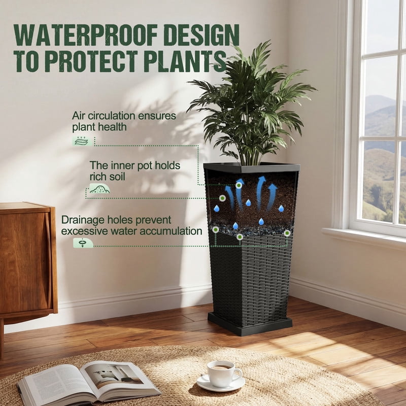 Homall 25" Tall Plastic Planter Set of 2 with Inside Pots, Drainages and Trays, for Outdoor and Indoor