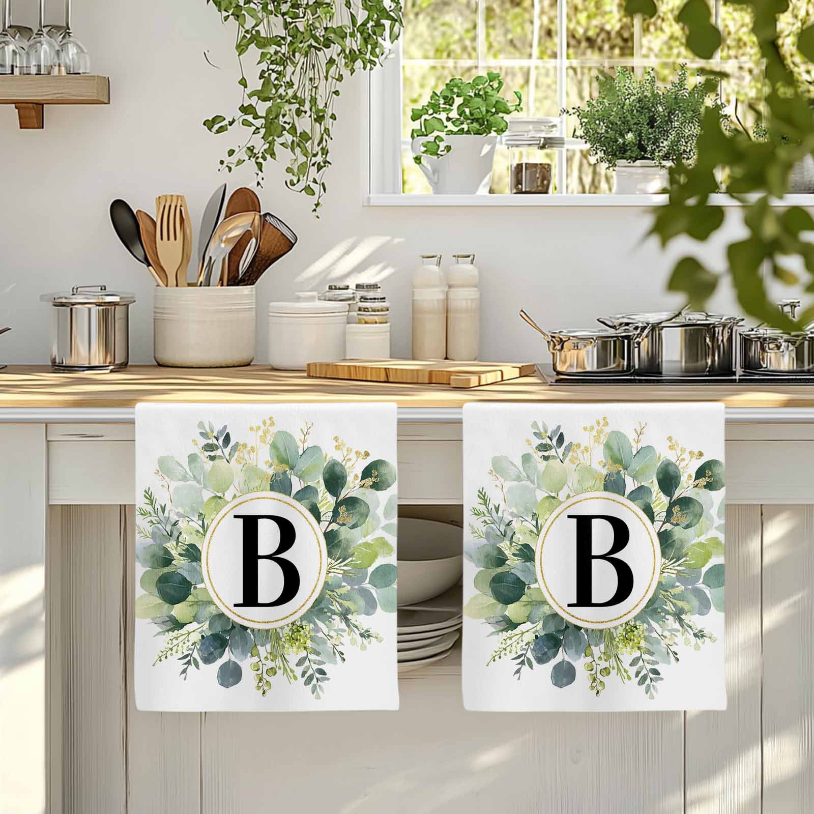 Dish Towels, Letter B Absorbent Kitchen Towels 2 PCS, Alphabet Green Eucalyptus Leaves Microfiber Hand Towels Dish Cloths Tea Towels for Home&nbsp;Bathroom Cleaning Drying,18X28-Inch,