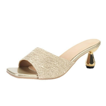 

JeashCHAT Clearance Slip On Slide Sandals for Women Womens Summer Fashion Middle Heel Slippers Square-head Lace Casual Slippers (Gold)