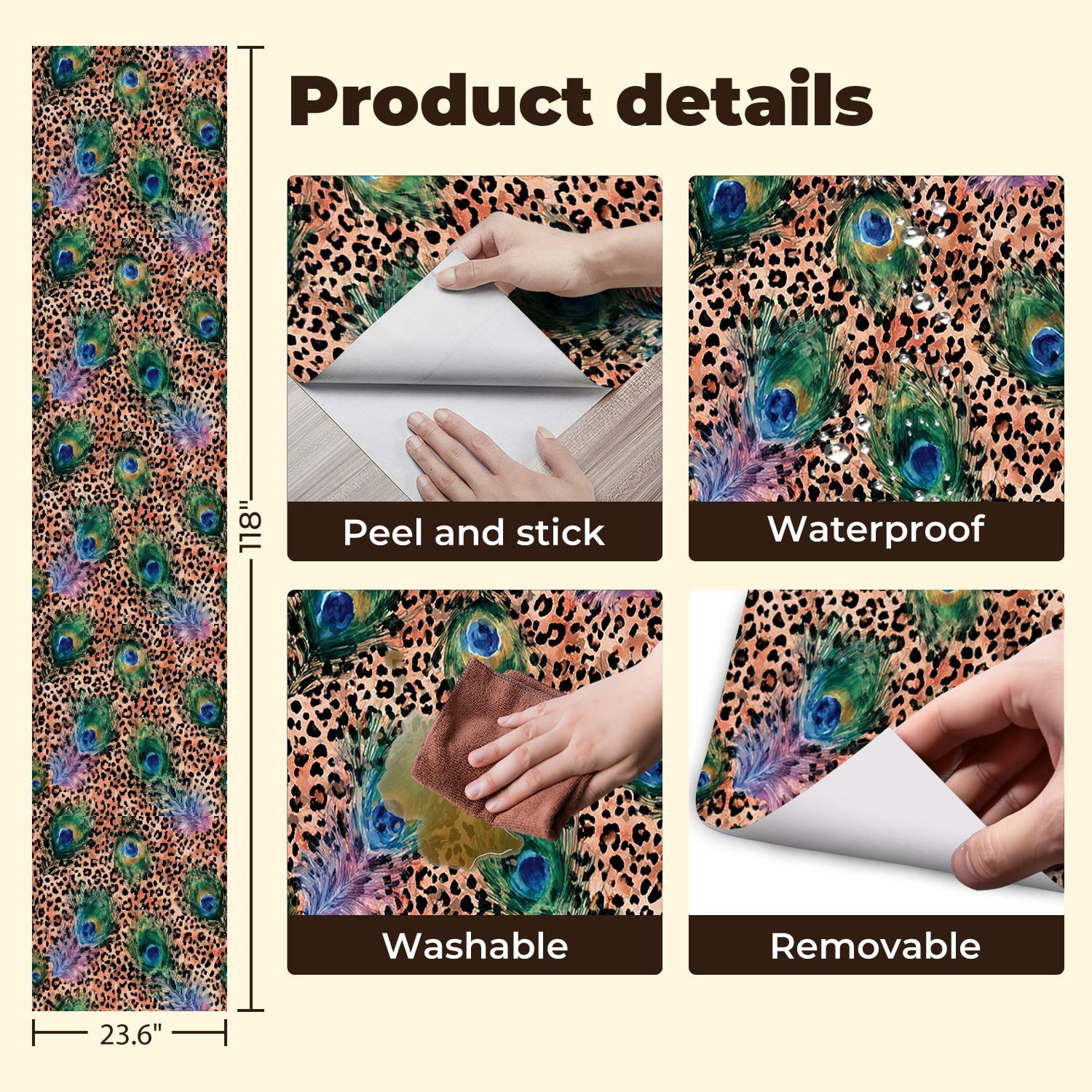 Peel and Stick Wallpaper Peacock Feather Leopard Print Art Vibrant Colors Wall Mural 23.6in x 9.8ft Self Adhesive Removable Wall Paper Renter Friendly Wallpaper for Nursery Bedroom Cabinets