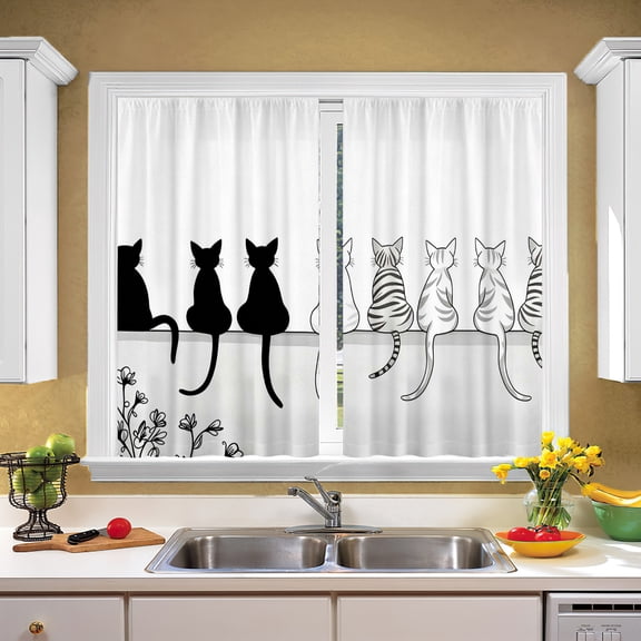 1pc Cute Striped Cat Silhouette Small Curtain, Decorative Curtain for Kitchen Small Window Bookshelf, Thanksgiving & Christmas Gifts
