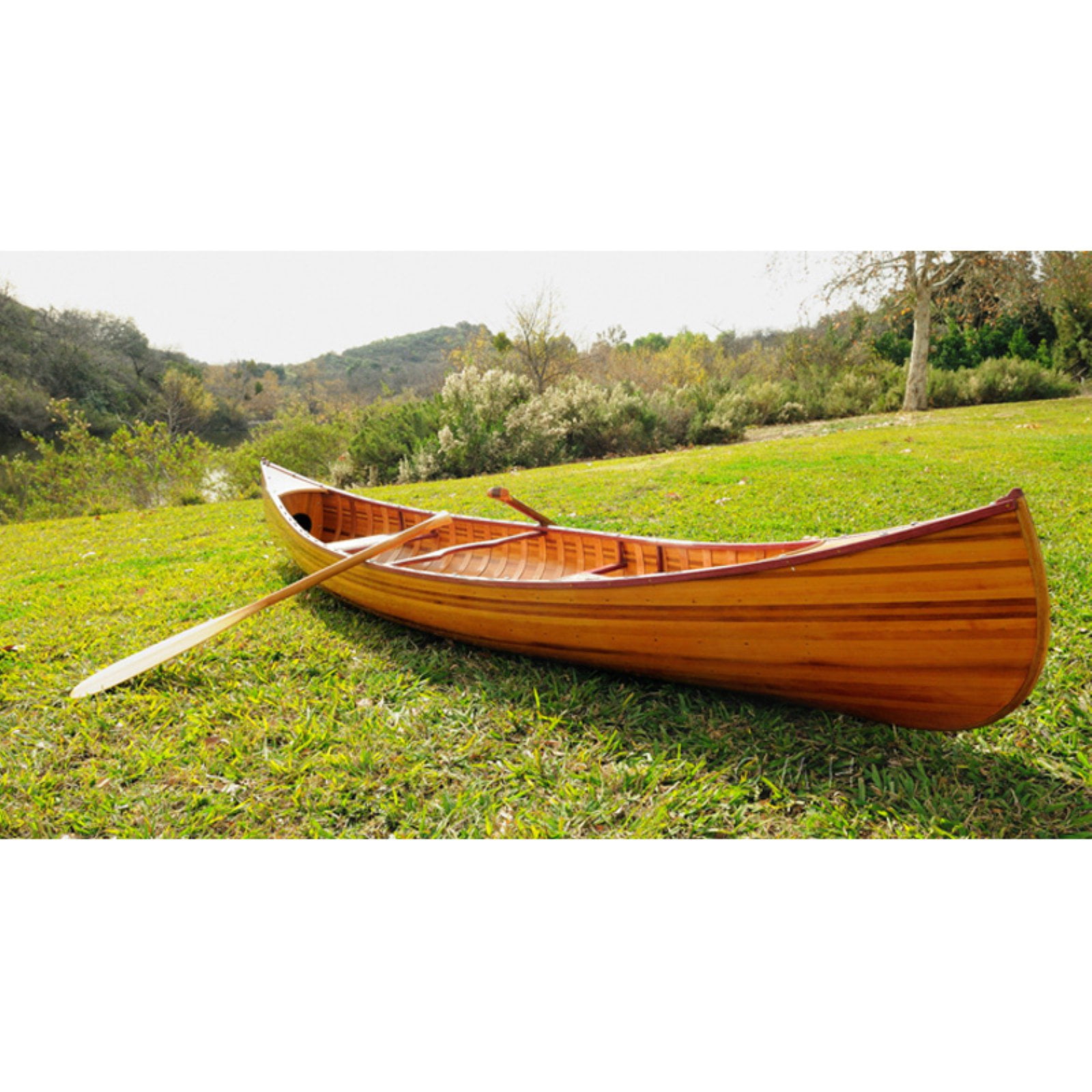 Real Canoe with Ribs Curved Bow 12 Ft Cedar Hull Wood Paddles & Cover Assembly 